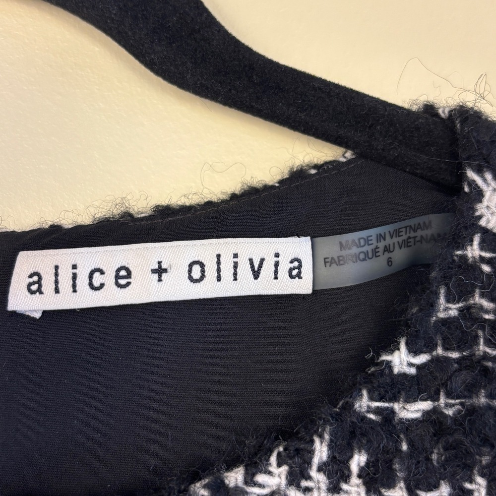 ALICE + OLIVIA Clyde Pattern Mix Wool Shift Dress Black/White Women Size 6 Tweed - Picture 3 of 11